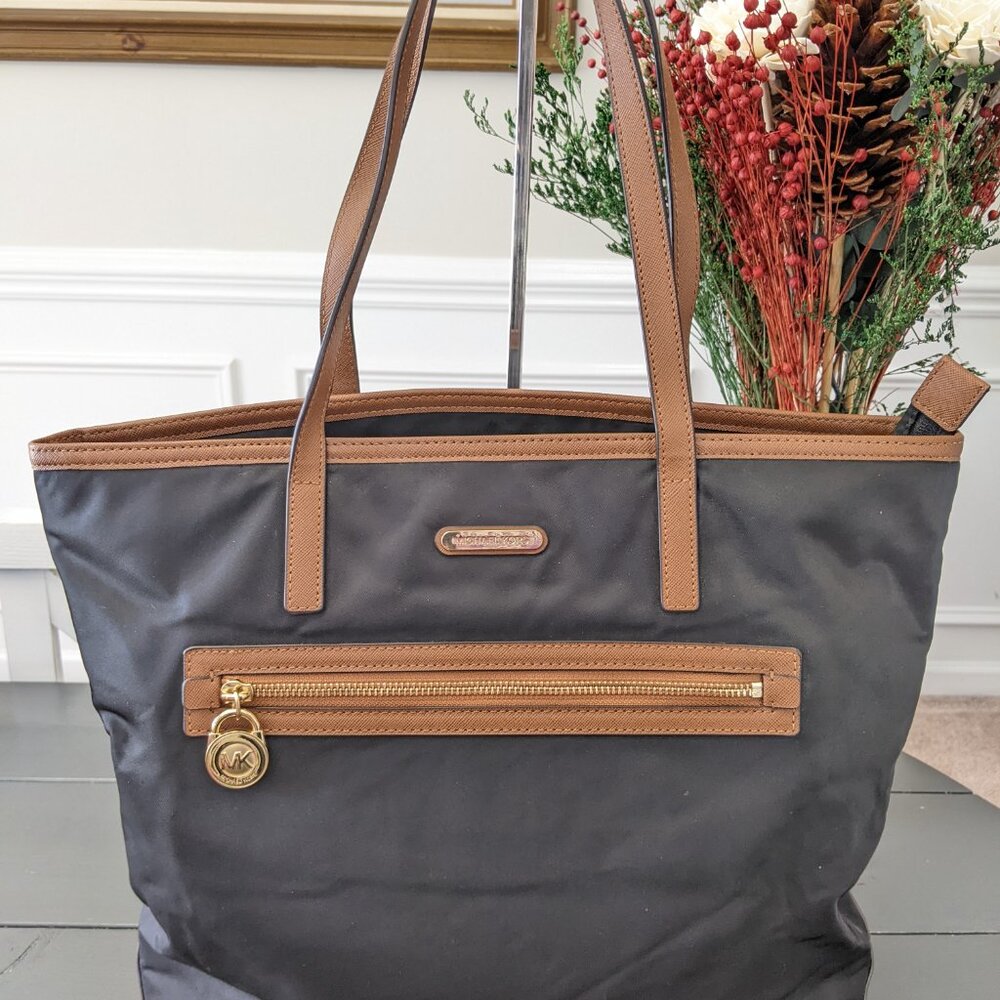 Michael Kors Kempton Large Black/Brown Nylon and Leather Tote Bag